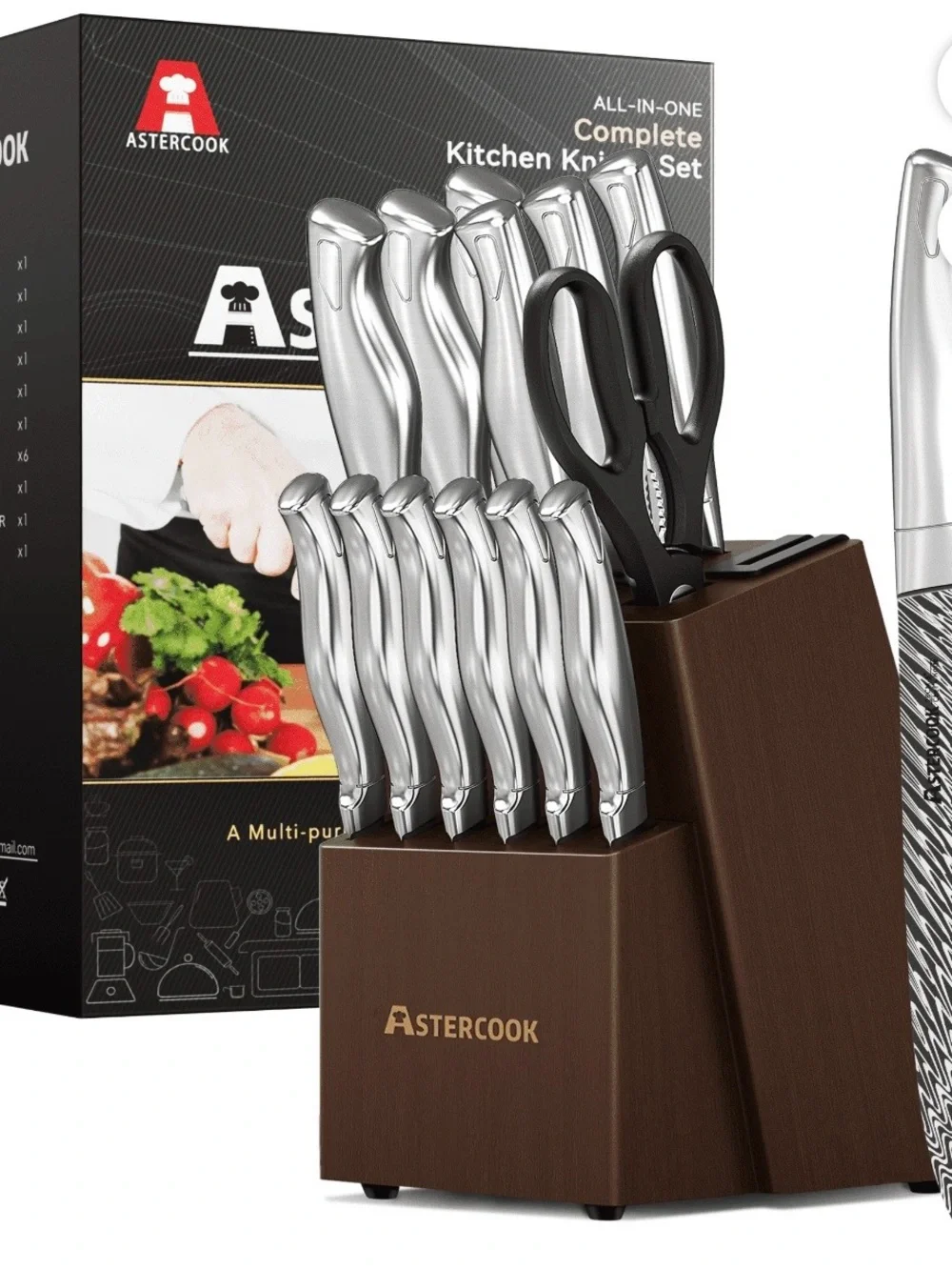 AsterCook 12-Piece Silver Knife Set with Brown Wooden Block